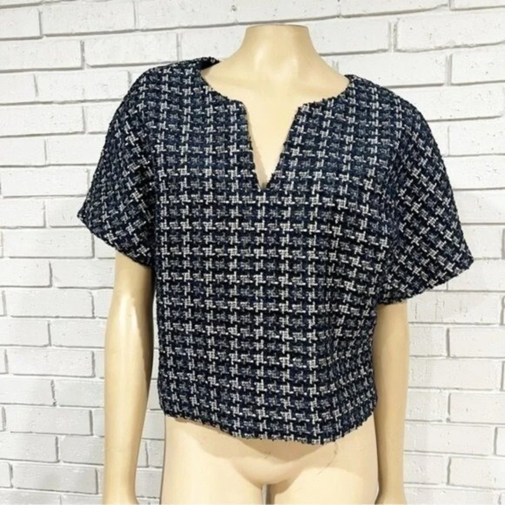 J.Crew Cropped Cap Sleeve Tweed Top Metallic Houndstooth Lined Chic Work Size 14
